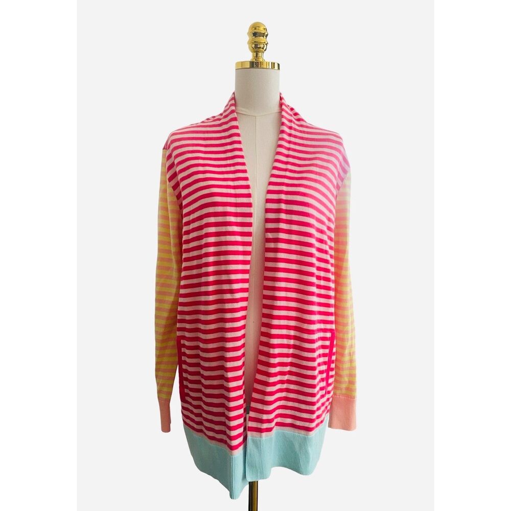 Lands End Striped Lightweight Women's Cardigan M Cotton Pink Turquoise Sweater